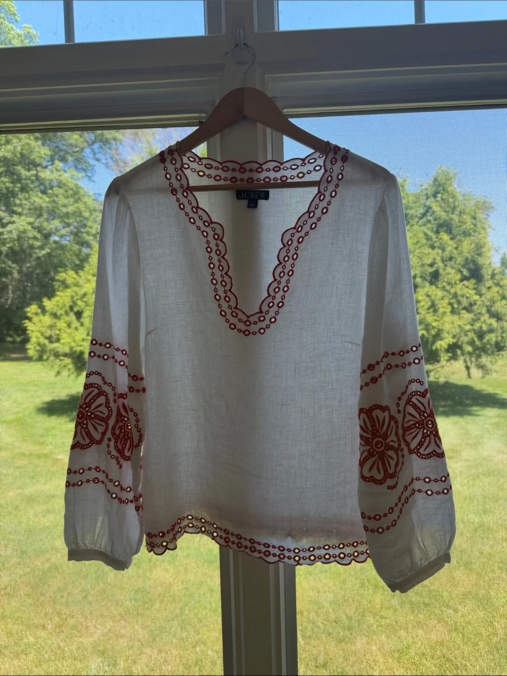 J. Crew Bungalow White Linen Peasant Blouse with Red Embroidered Trim Size S